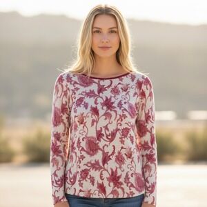 Chico's Floral Paisley Knit Top Size L Cream Pink Long Sleeve Boat Neck Pullover